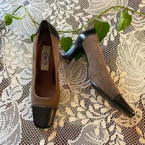 Brown and black suede leather pumps heels with square toe